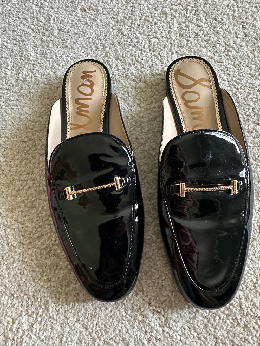 Sam Edelman Black Patent Slide Mules with Gold Bit